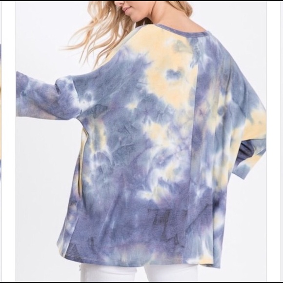 Blue and Yellow Waffle Knit Tie Dye Loose Fit Top - Picture 6 of 7